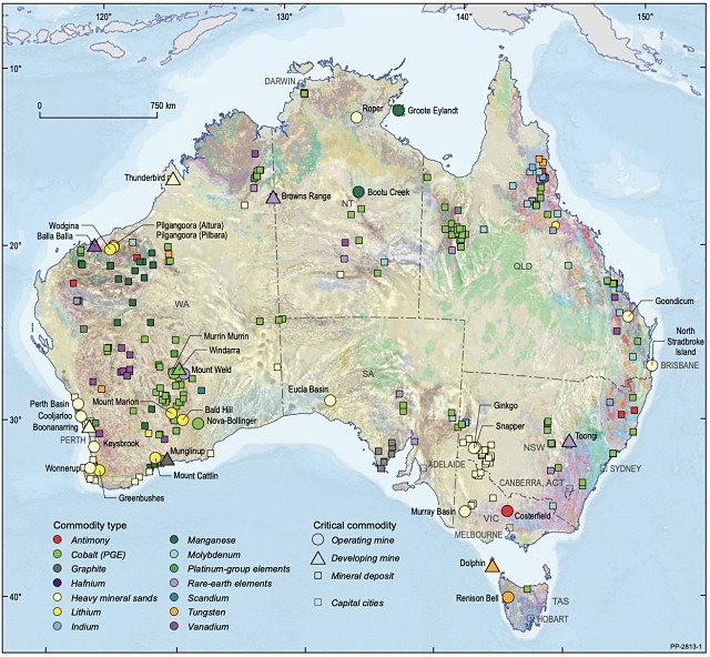 Critical minerals operating developing mines Australia map